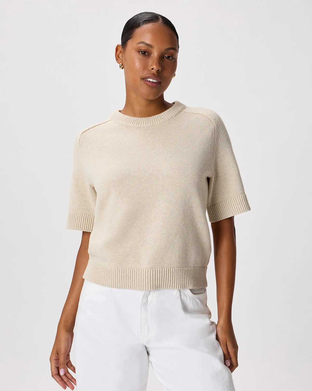 Quince | Women's Sweater T-Shirt in Speckled Beige, Size XL, Organic Cotton | Quince