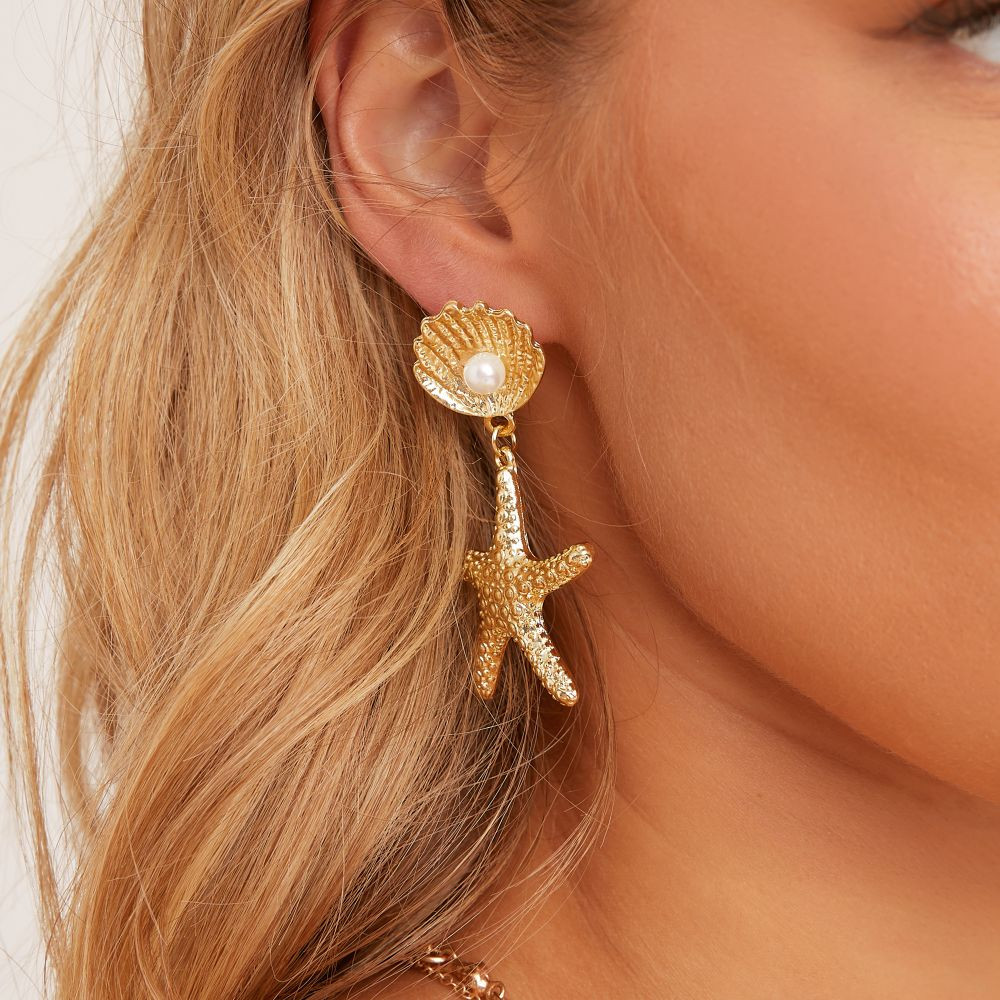 Pearl Shell Detail Starfish Drop Earrings In Gold | EGO (UK)