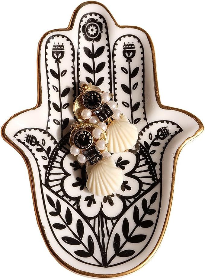 PUDDING CABIN Trinket Dish Hamsa Ring Dish Holder Small Jewelry Tray Decorative Plate | Amazon (US)