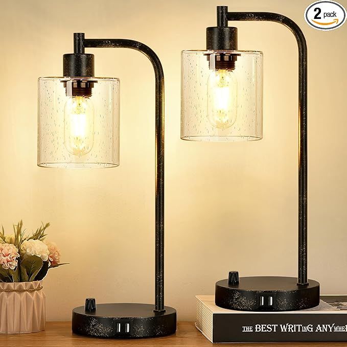 Set of 2 Industrial Table Lamps with 2 USB Port, Rustic Black Fully Stepless Dimmable Lamps for b... | Amazon (US)