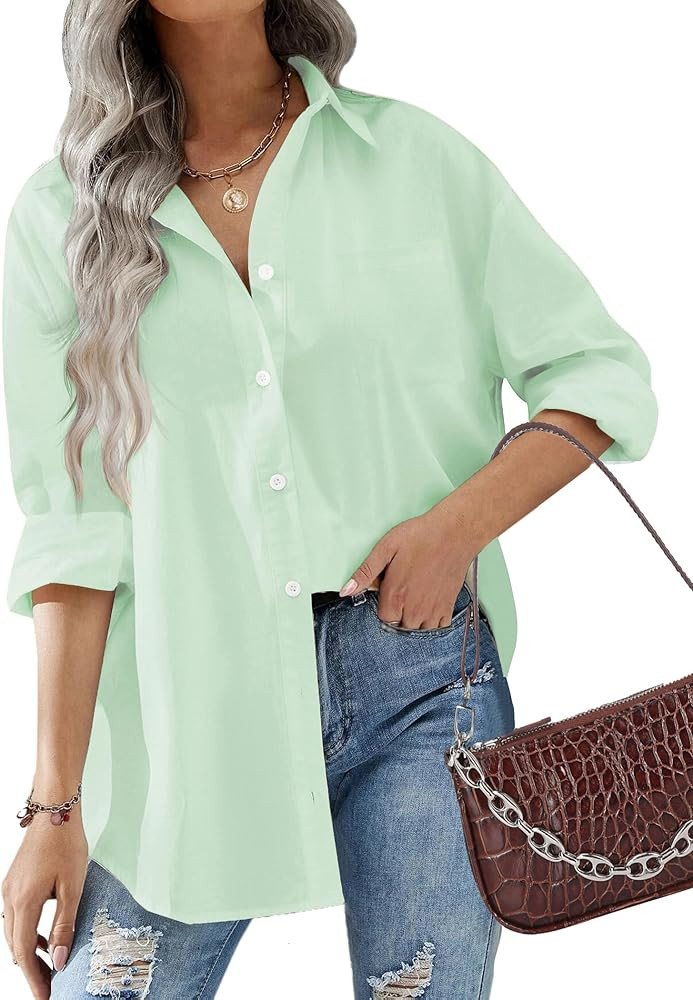 HOTOUCH Women Button Down Shirts Office Drop Shoulder Oversized Blouse Long Sleeve Boyfriend Dres... | Amazon (US)