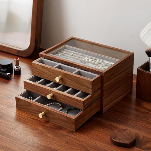 Black Walnut Jewelry Organizers and Storage,3 Layer Wooden Jewelry Boxes for Women,for Necklaces ... | Amazon (US)