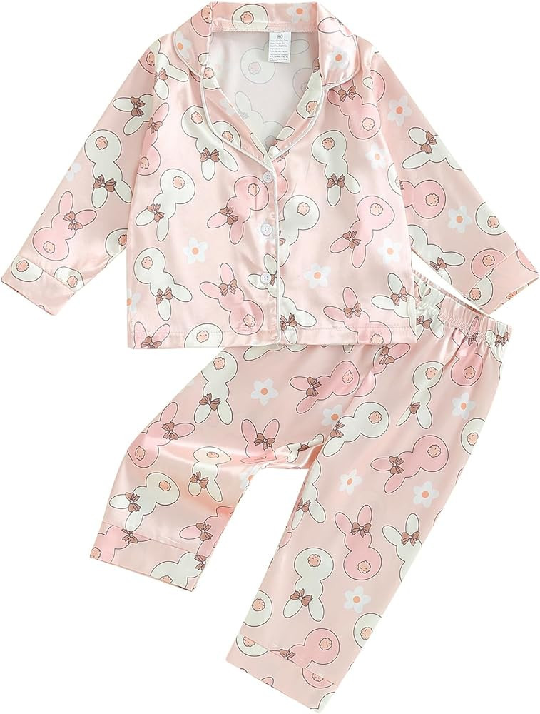 Toddler Baby Girl Easter Pajamas Bunny&Flower Silk Satin PJs Long Sleeve Shirt Pants Kids Easter ... | Amazon (US)