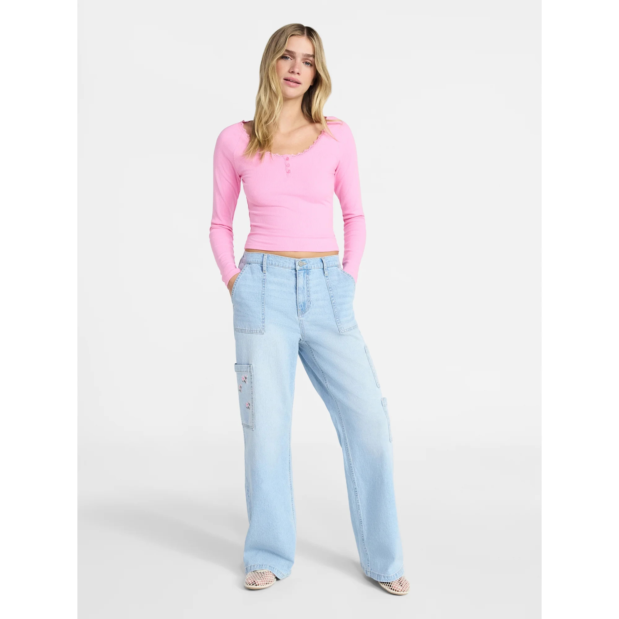 No Boundaries Long Sleeve Henley Top with Lace Trim, Women's XXS-XXL | Walmart (US)