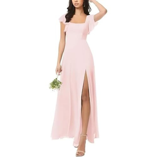 ARYIKEOL Short Sleeve Pink Bridesmaid Dress Square Neck Long Chiffon Formal Maxi Dresses for Wedding with Slit US10 | Amazon (US)