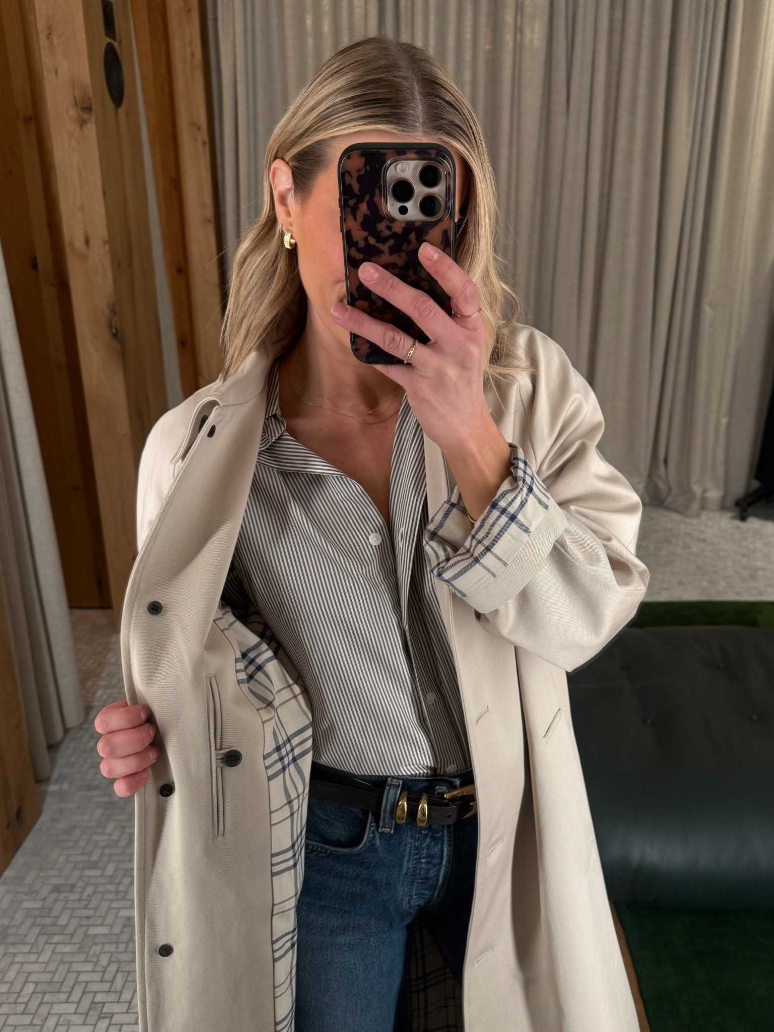 Wearing XS button-up shirt, small trench coat, 25 jeans, small belt 

#LTKgrwm #LTKOver40 #LTKootd