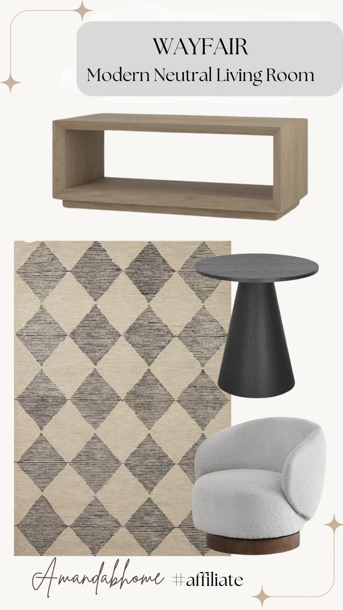 Wayfair modern neutral living room 

Accent table, area rug, swivel chair, coffee table


#LTKHome
