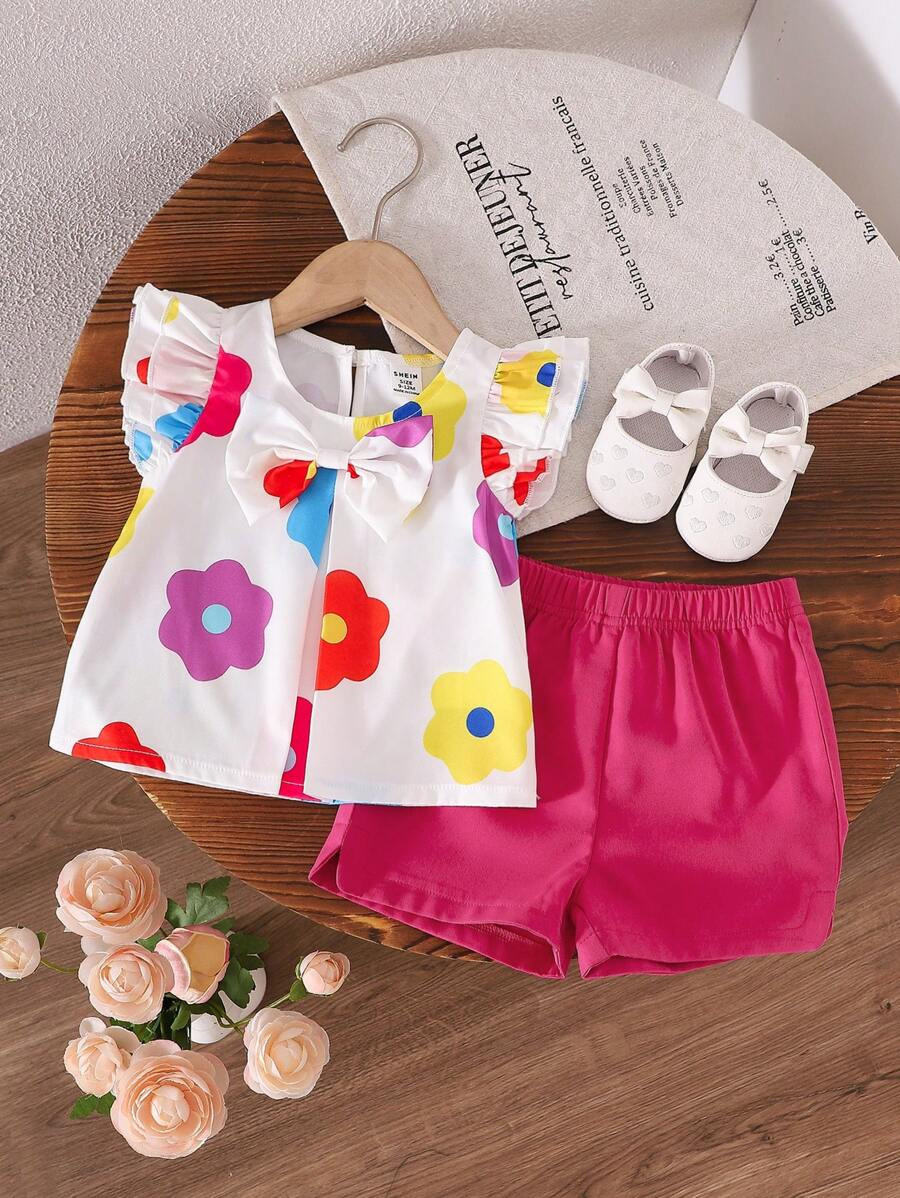 Baby Girls Casual Floral Print Bowknot Decor Top And Shorts Set, Summer | SHEIN