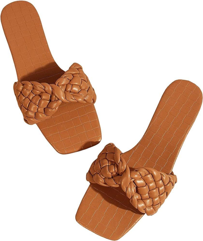 LAICIGO Women’s Squared Open Toe Slide Sandals Braided Single Strap Leather Low Heel Flat Slippers | Amazon (US)
