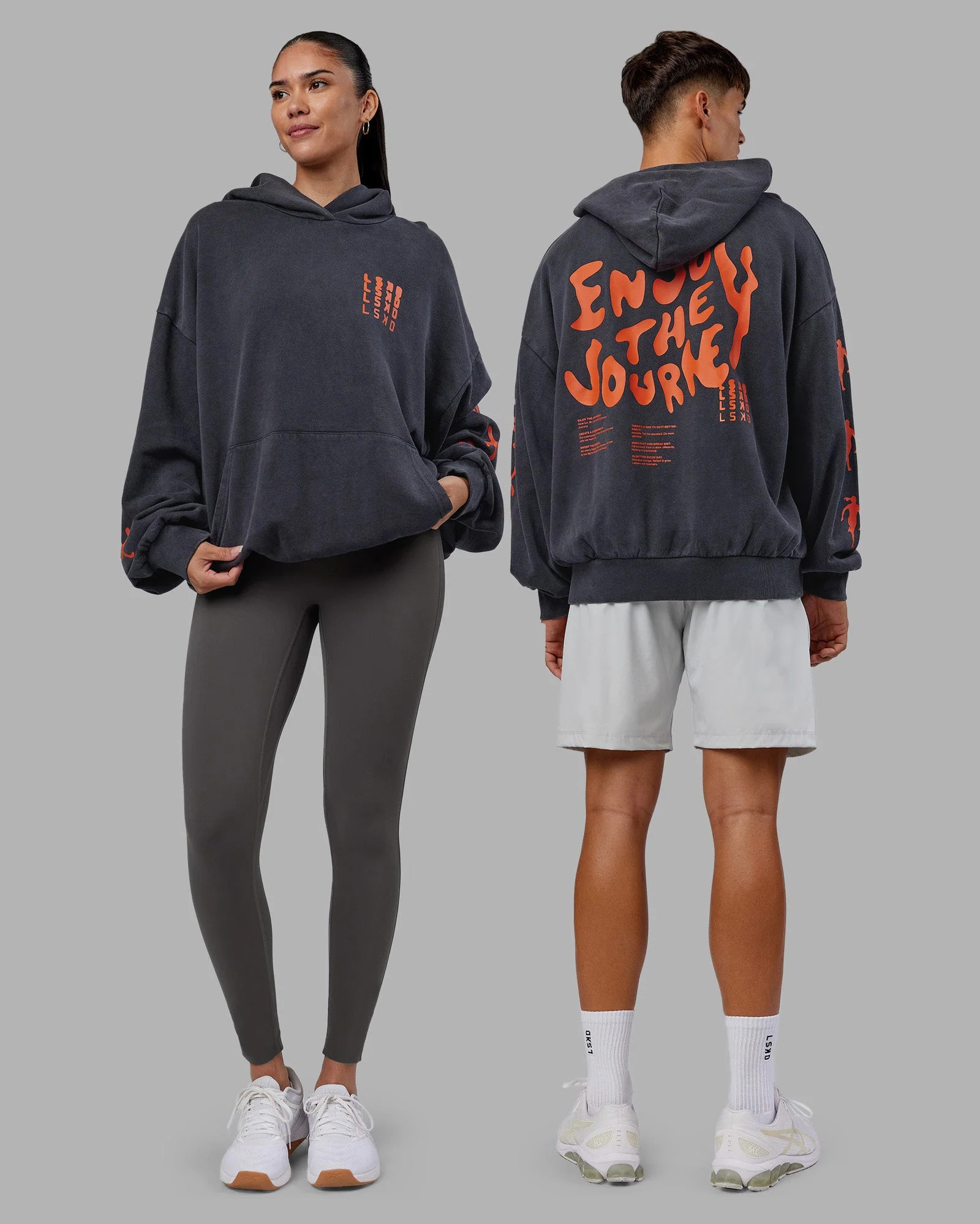 Journey Washed Unisex Oversize Hoodie - Black-Ultra Orange | LSKD | LSKD