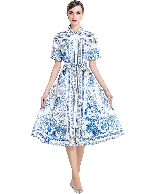 LAI MENG FIVE CATS Women's Summer Short Sleeve Collar Button Floral Print Belt Casual Midi Dress | Amazon (US)