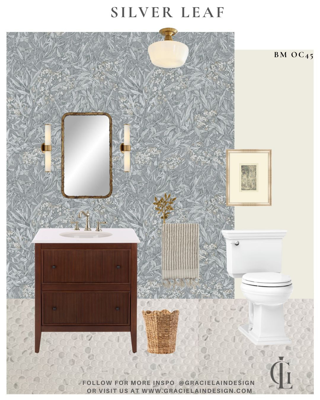 Small space, major design moment 🤍

Enveloped in a serene silvery botanical wallpaper, this powder room feels like a quiet, luxurious retreat. An oxidized bronze mirror adds depth and character, while warm brass lighting casts the most beautiful glow. Natural textures and a marble mosaic floor add layers of interest. The warm wood vanity grounds the space, balancing classic tradition with a modern, elevated feel.

Every detail tells part of the story—from the botanical wall hook to the soft, inviting linens. Proof that even the smallest rooms can hold the biggest design moments. Timeless, layered, and absolutely stunning.

For the full design story and sources, visit gracielaindesign.com.

#LTKhome #ltkstyle #powderroomdesign #bathroominspo #traditionalmodern #elevatedinteriors #wallpaperlove #botanicalwallpaper #marblemosaic #warmwood #brasslighting #classicinteriors #moderntraditional #interiordetails #designinspo #luxuryhome #gracielaindesign 

 #LTKHome #LTKSaleAlert