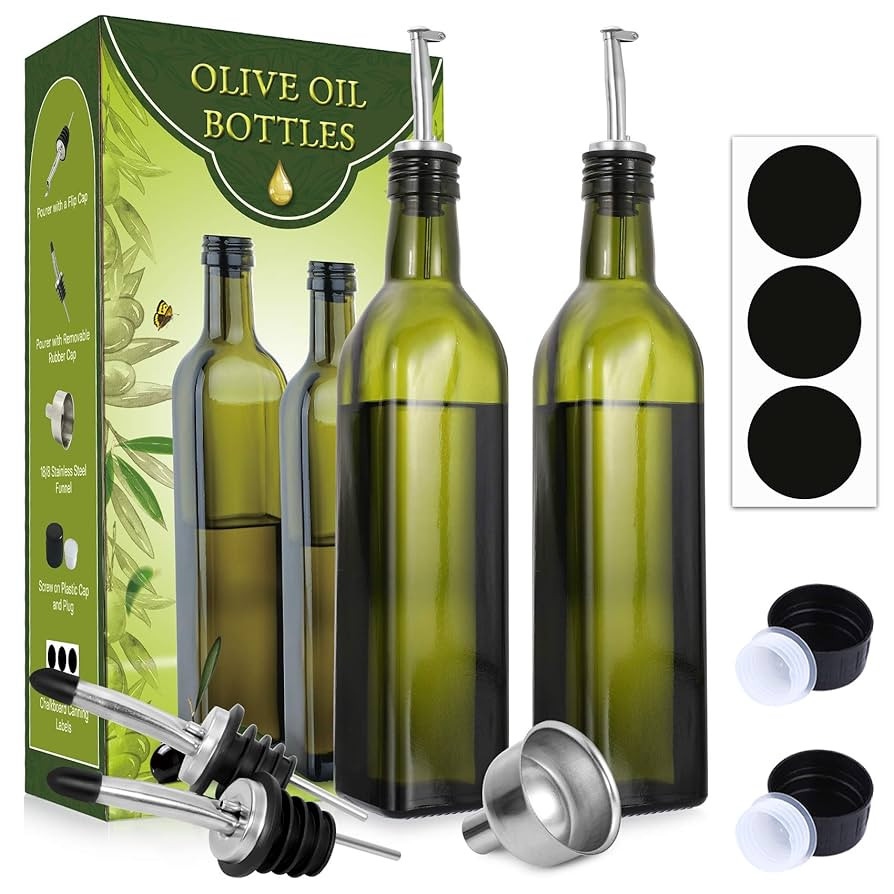 AOZITA Glass Olive Oil Dispenser Bottle Set - 500ml Dark Green Oil & Vinegar Cruet Bottle with Po... | Amazon (US)