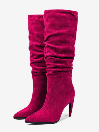 High Heel Knee High Boots Suede Upper Pointed Toe Designed Heel Slouch Boots | Milanoo