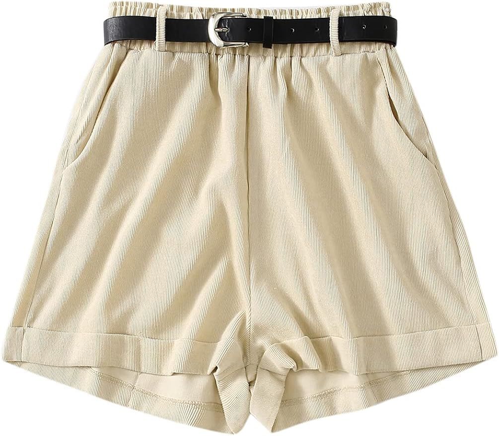 Floerns Women's Casual Wide Leg Elastic Waist Corduroy Shorts with Pocket | Amazon (US)