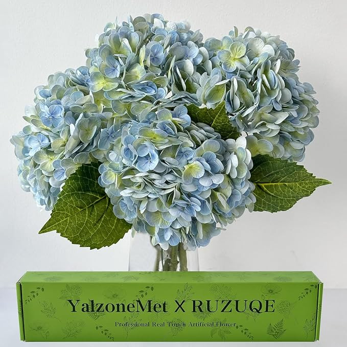YalzoneMet 4Pcs Light Blue-Green Real Touch Hydrangea Artificial Flowers 21'' Faux Latex Hydrange... | Amazon (US)