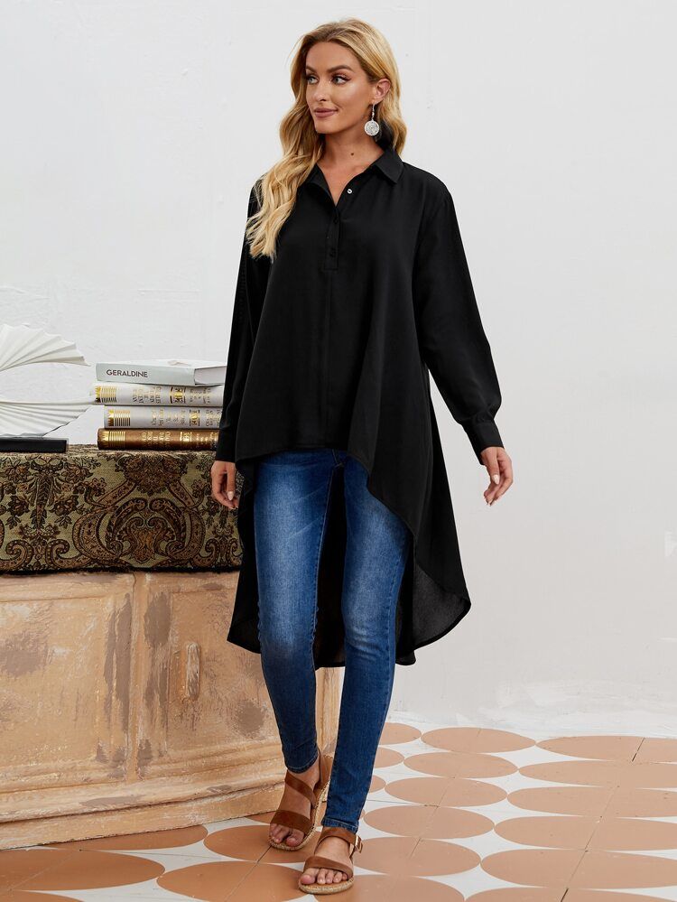 Half Button High Low Longline Blouse | SHEIN