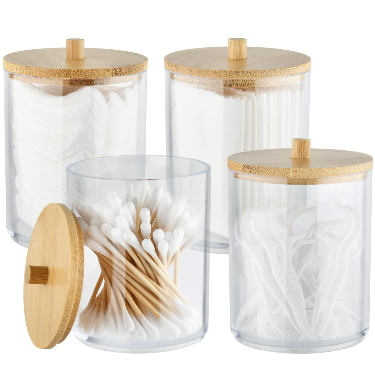 TIMESETL 4x10 Oz Cotton Swab/Ball/Pad Holder, Clear Plastic Apothecary Jar Set for Cotton Ball, S... | Amazon (UK)