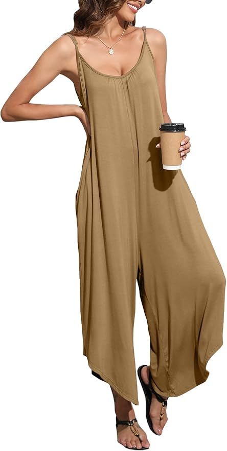 DEEP SELF Women Casual Loose Sleeveless Jumpsuit Stretchy Adjustable Spaghetti Strap Long Pants R... | Amazon (US)