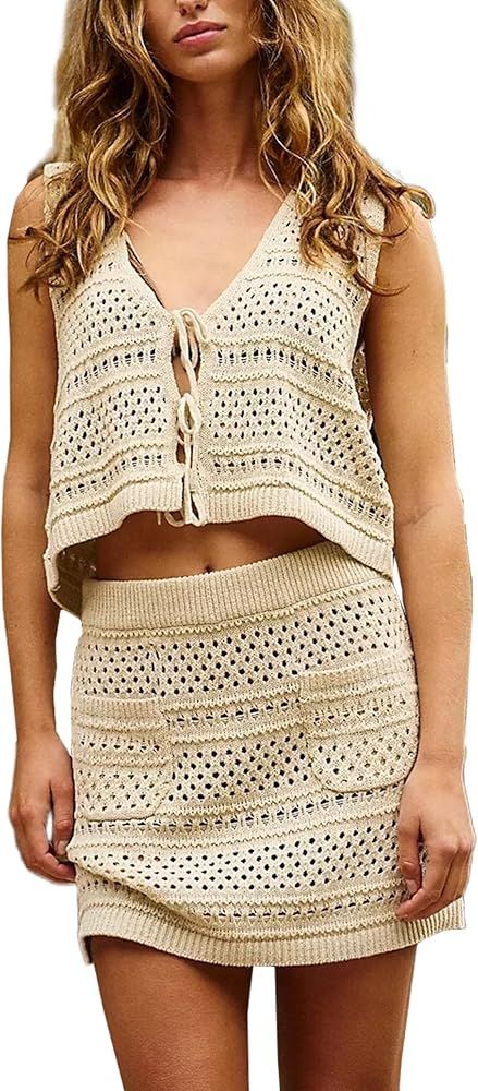 Womens Tie Front Tops with Short Skirts Summer Sleeveless 2 Piece Sets Beach Casual Crochet Cover... | Amazon (US)