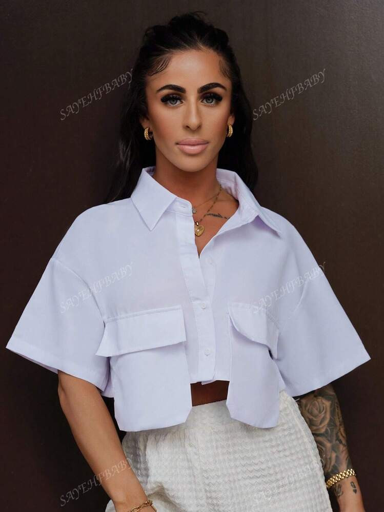 SAYEHFBABY Women Casual Streetwear White Polo Collar Pocket Cropped Top | SHEIN