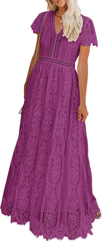 MEROKEETY Women's 2026 V Neck Short Sleeve Floral Lace Wedding Dress A Line Boho Bridesmaid Cockt... | Amazon (US)