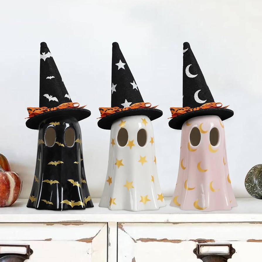 DAZONGE Halloween Decor Indoor, Set of 3 Ceramic Ghosts with Witch Hats, Cute Spooky Ghost Figuri... | Amazon (US)