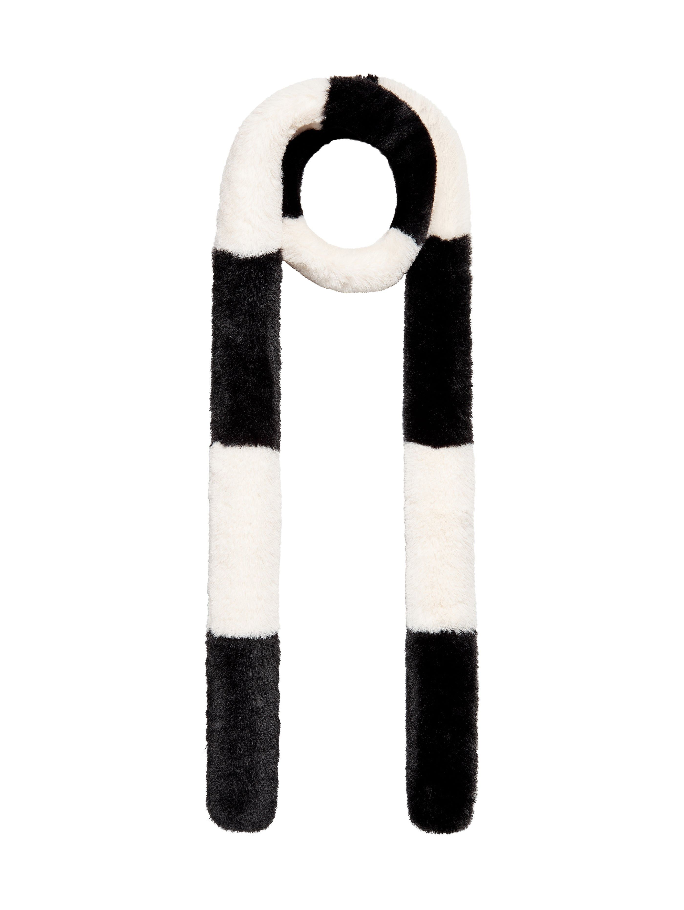 Stripey Faux Fur Scarf-Black And White | Wolf & Badger (US)