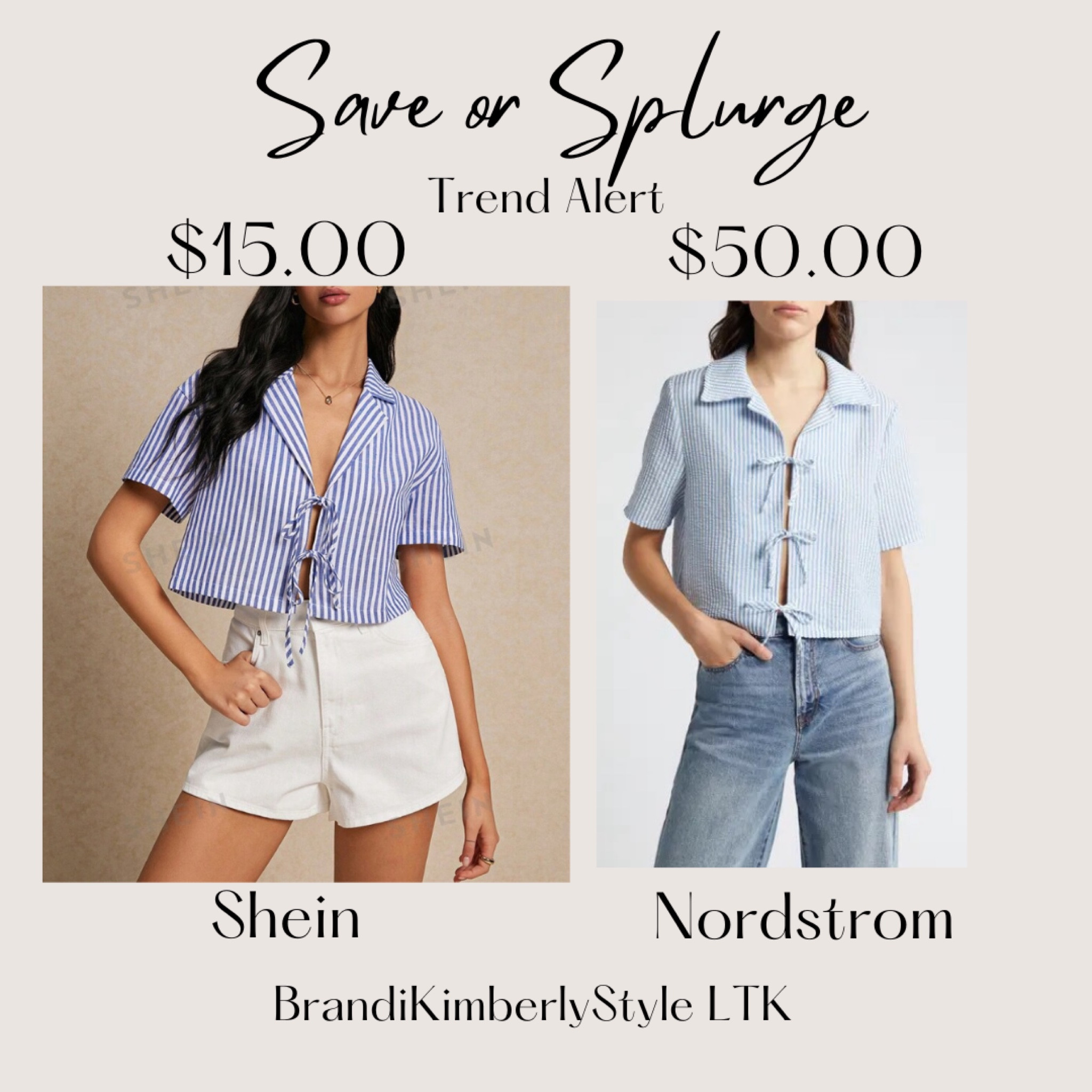 It’s Save or Splurge! This cute summer trend with the tie front tops! Save with Shein’s cute version- very affordable! You can Splurge with Nordstrom’s tie front top which is most likely good quality. What do you think of this trend?  Would you save or splurge? BrandiKimberlyStyle, summer fashion, summer outfit, summer vest 

#LTKOver40 #LTKSeasonal #LTKStyleTip