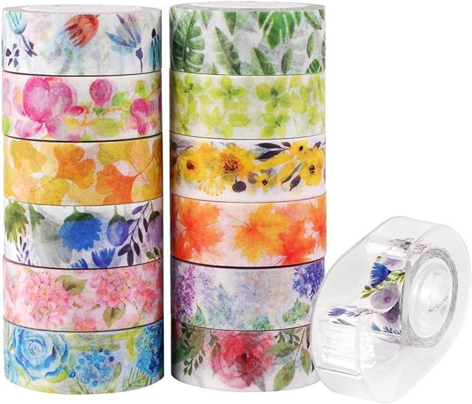 Knaid Floral Washi Masking Tape Set + Tape Dispenser, Spring Flower Decorative Paper Tapes for Ar... | Amazon (US)