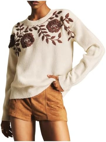 BEAUDRM Women's Floral Print Sweater Crew Neck Long Sleeve Ribbed Knit Pullovers Fall Winter Outf... | Amazon (US)