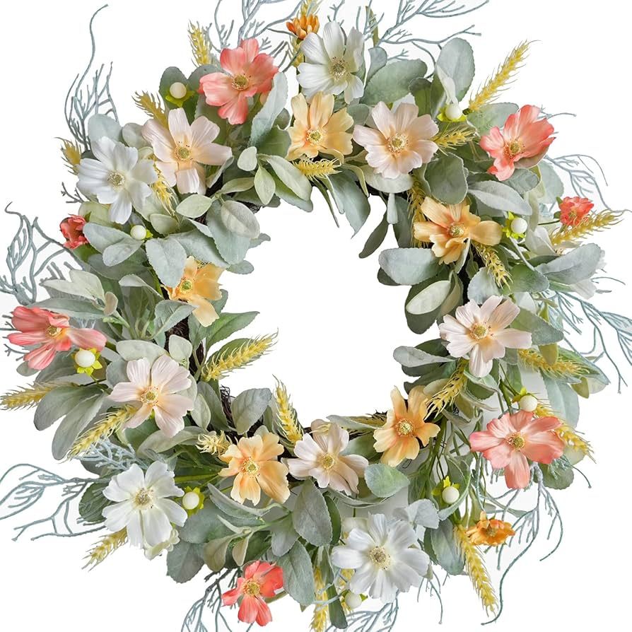 20 Inch Daisy Flowers Lamb Ears Leaves Wreath for Front Door, Summer Flower Wreath with Wheat for... | Amazon (US)