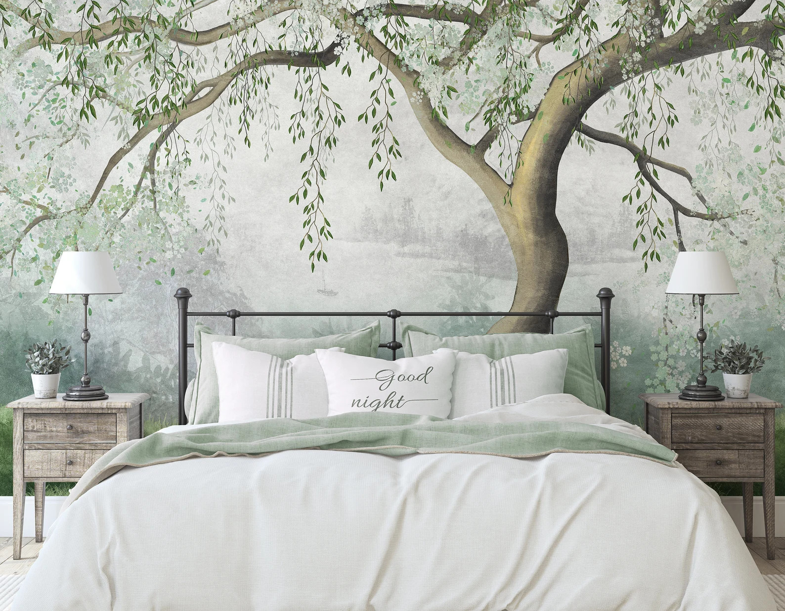 The Tree Wallpaper, Green White Leaves and Flowers Tree Branches Wallpaper, Flowering Willow Tree... | Etsy (US)