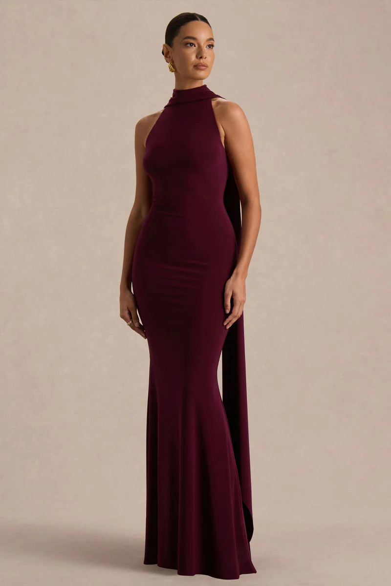 Cordy  Burgundy High-Neck Maxi Dress With Scarf-Detail | Club L London