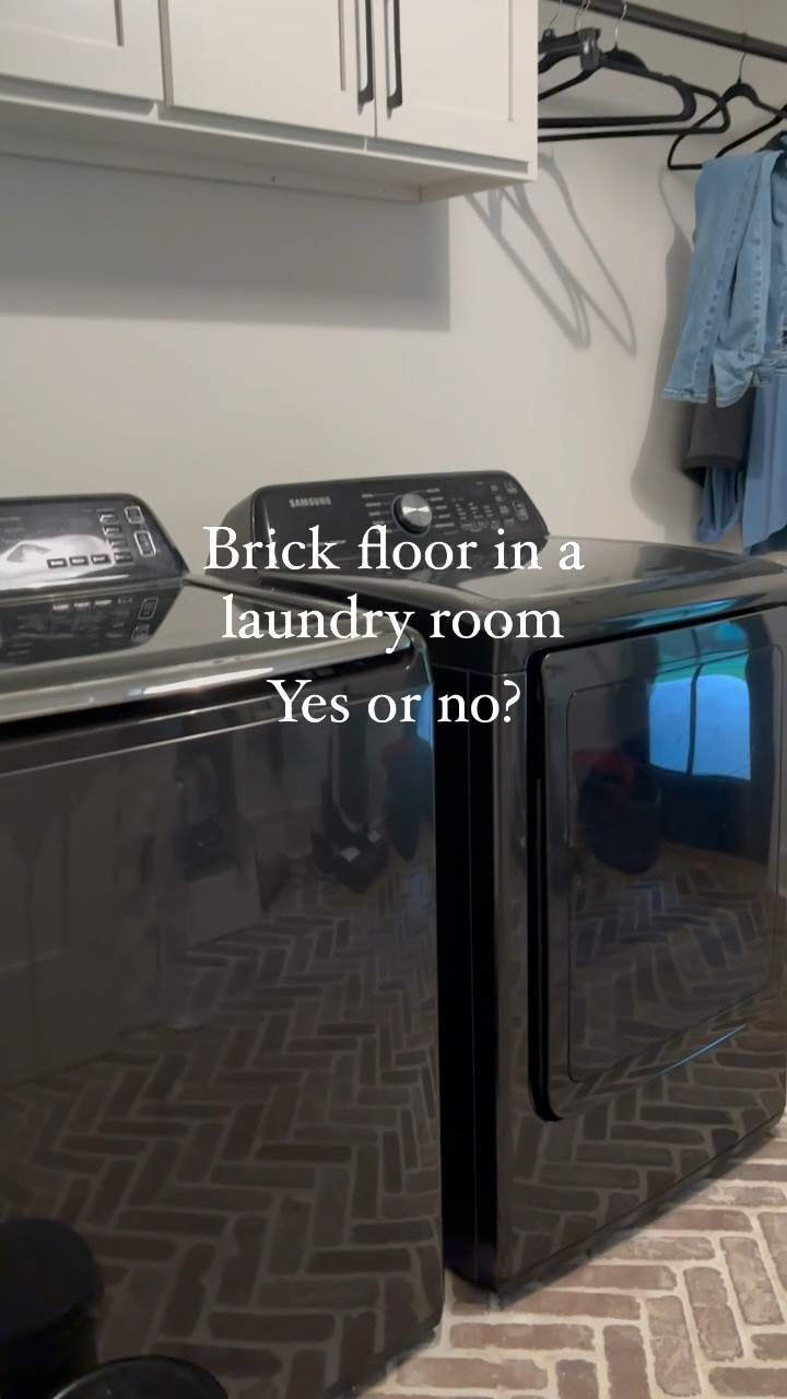Would you add brick floors in the laundry room? We knew this was another high traffic area with our extra back door and our dogs going in and out. While I love the look of the floors for the laundry room, it didn’t work out as well for the amount of mud that our dogs tracked in. My verdict: for the laundry function it’s great! For the dog room portion, I should have opted for something that’s easier to deep clean. #herringbonefloor #herringbonebrick #herringbone #brick #thinbrick #thinbrickflooring #brickfloordesign #laundryroomdesign #laundryroom #customhome #dreamhome