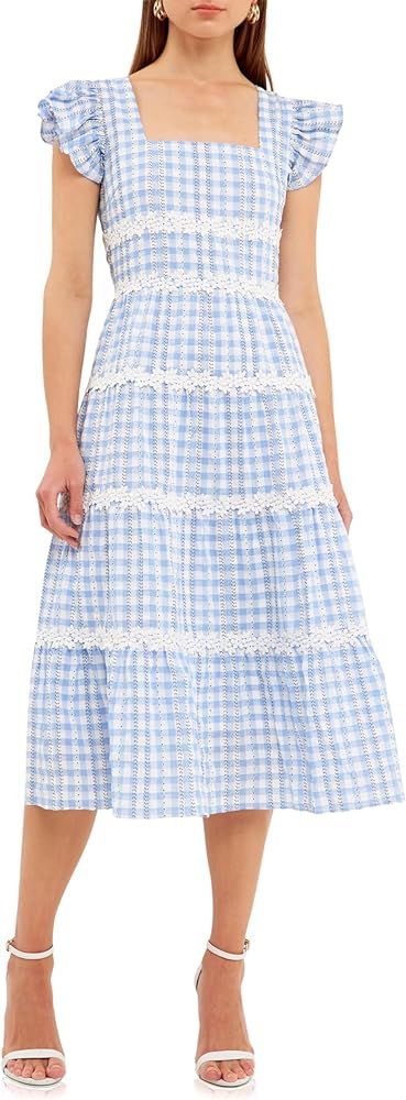 English Factory Women's Floral Lace Gingham Printed Midi Dress | Amazon (US)