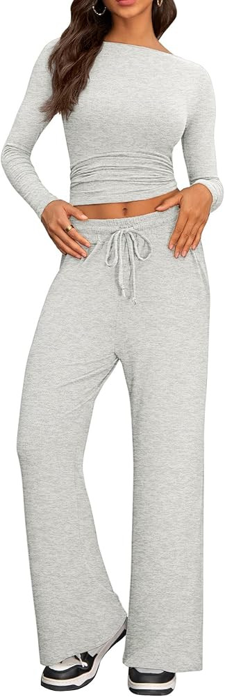 Cozy 2 Piece Lounge Sets for Women, Side Ruched Long Sleeve Top & Wide Leg Pants Casual Matching ... | Amazon (US)