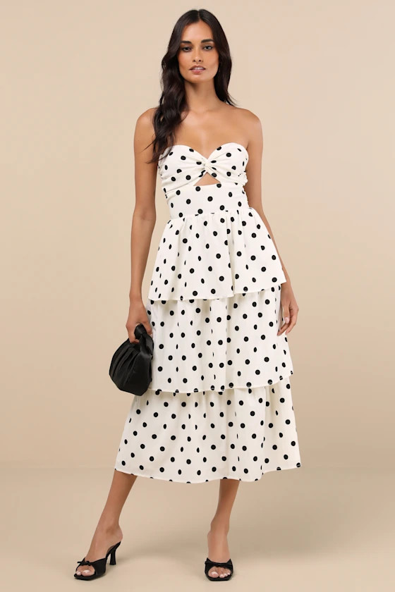 Modie White Polka Dot Twist-Front Lace-Up Midi Dress | Lulus