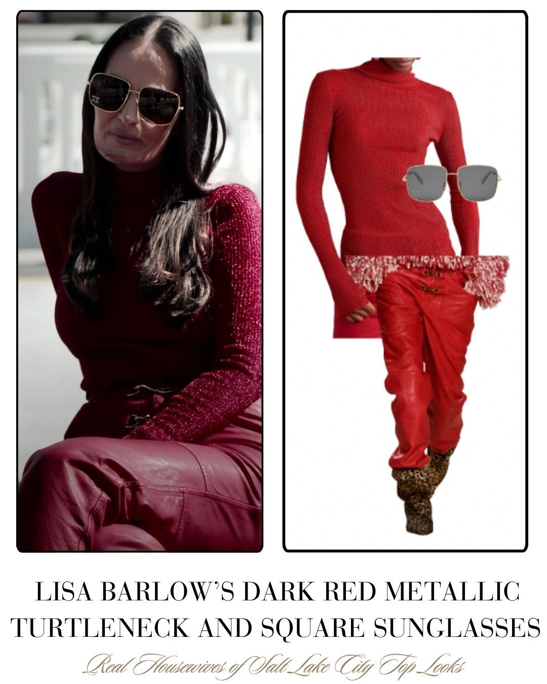 Lisa Barlow’s Dark Red Metallic Top and Square Sunglasses 