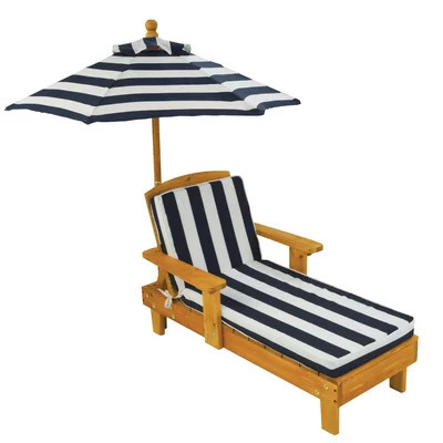 Outdoor Wood Chaise Children's Chair with Umbrella and Cushion, Navy and White | Wayfair North America