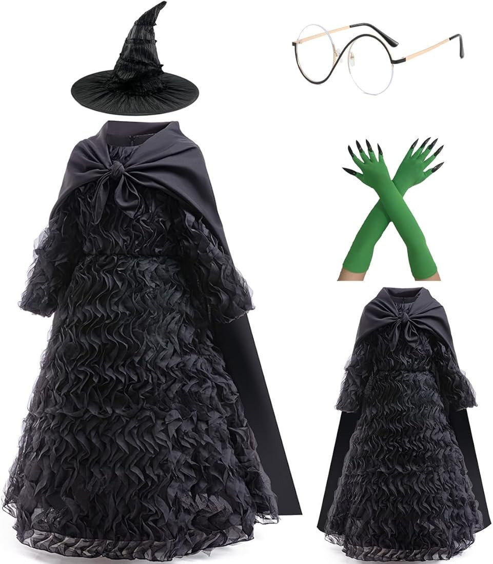 Girls Elphaba Halloween Costume Dress Robe Hat Anime Glinda Elphaba Cosplay Puffy Skirt Cape Wig ... | Amazon (US)