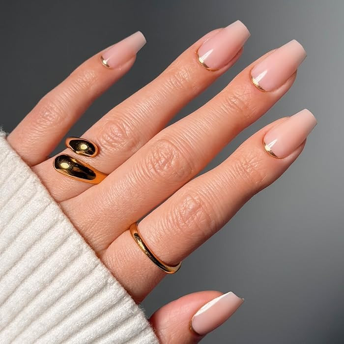 Glamnetic Press On Nails - Medium Coffin Fake Nails, Nude Neutral Nails with Gold Reverse French ... | Amazon (US)