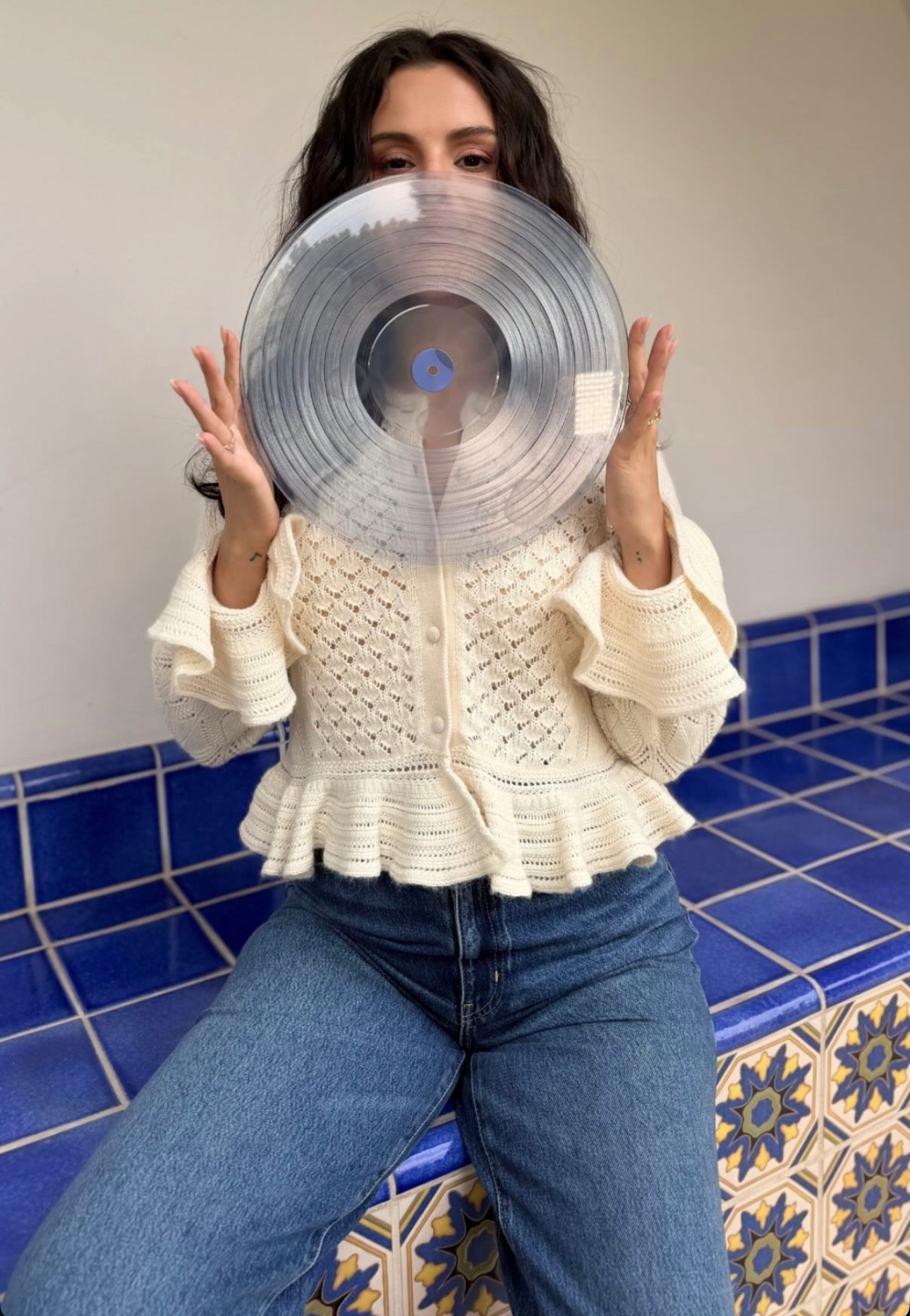 Selena Gomez cream colored Mixed Pointelle Stitch Cotton, Alpaca & Silk Blend Cardigan