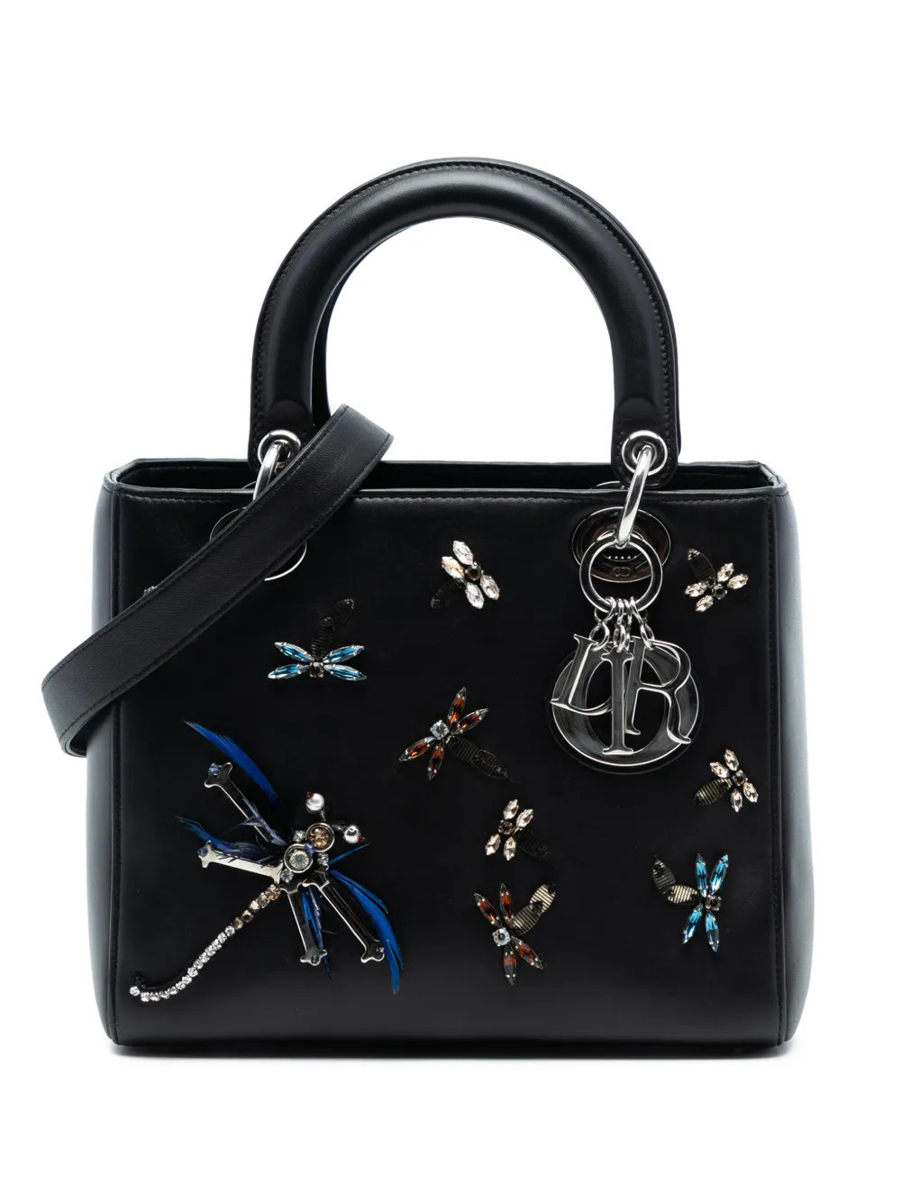 Christian Dior Pre-Owned 2016 Medium Calfskin Dragonfly Embellished Lady Dior satchel - Black | Farfetch Global