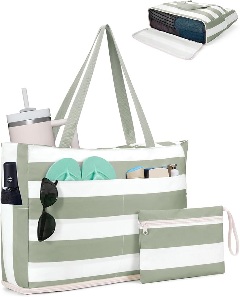 WANDF Beach Bags for Women, Large Waterproof Sandproof Beach Tote Bag with Zipper Family Pool Bag... | Amazon (US)