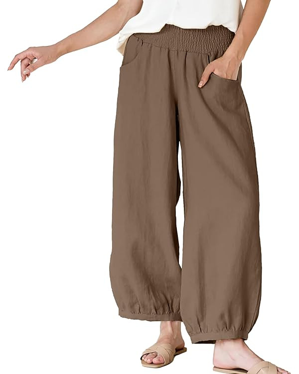 Maixang Women's Cotton Linen Wide Leg Pants Casual High Waist Palazzo Pants Summer Elastic Lounge... | Amazon (US)