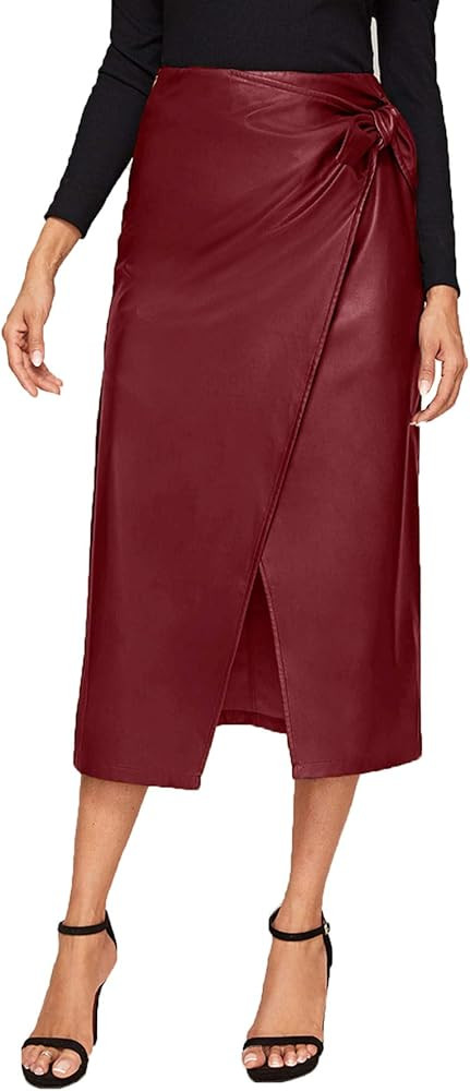 SweatyRocks Women's Elegant High Waist Tie Knot Wrap PU Leather Midi Skirts | Amazon (US)