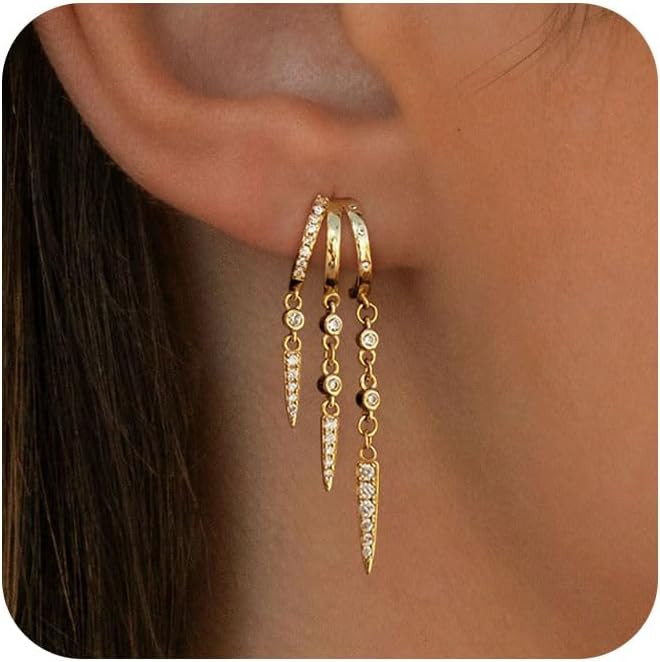 Dangle Earrings For Women,Dainty 14K Gold Plated Hypoallergenic Small Triple Huggie Hoop Earring ... | Amazon (US)