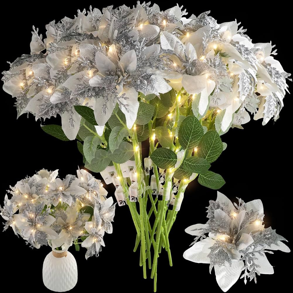 Yunlly 12 Pcs LED Christmas Artificial Poinsettia Bushes Red Poinsettia Christmas Flowers Bushes ... | Amazon (US)