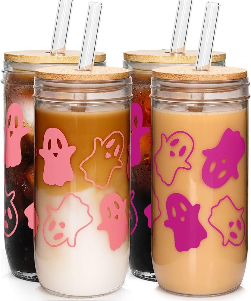 ANOTION Halloween Cups, 24oz Halloween Ghost Mug with Lid and Straw Tumbler Iced Coffee Cups Hall... | Amazon (US)